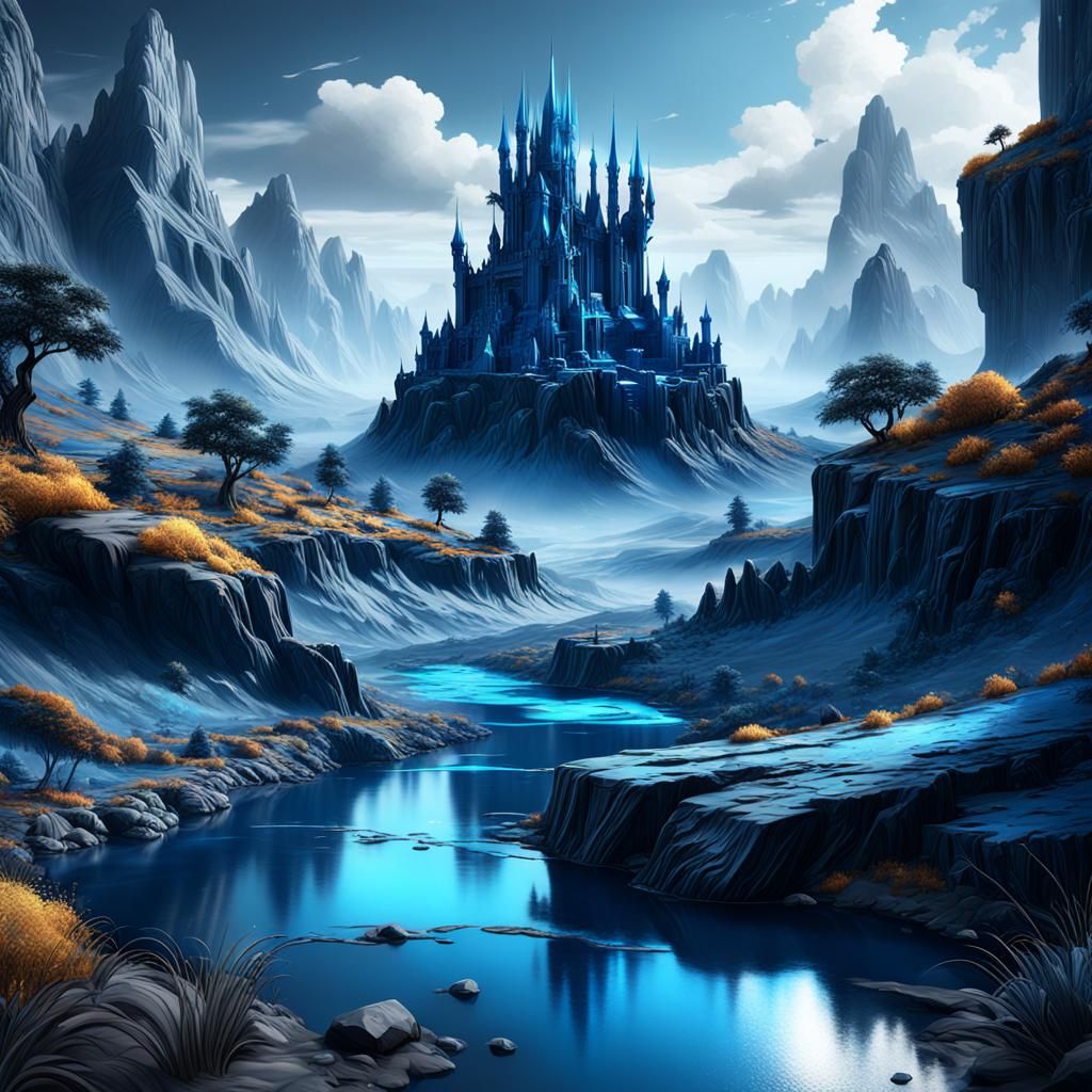 Metallic Grey and Matte Blue Landscape, Digital Art