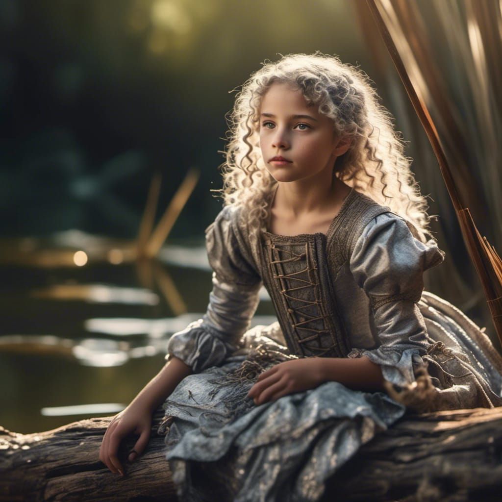 Silver Haired Girl in Medieval Dress, Hyperrealistic Photo