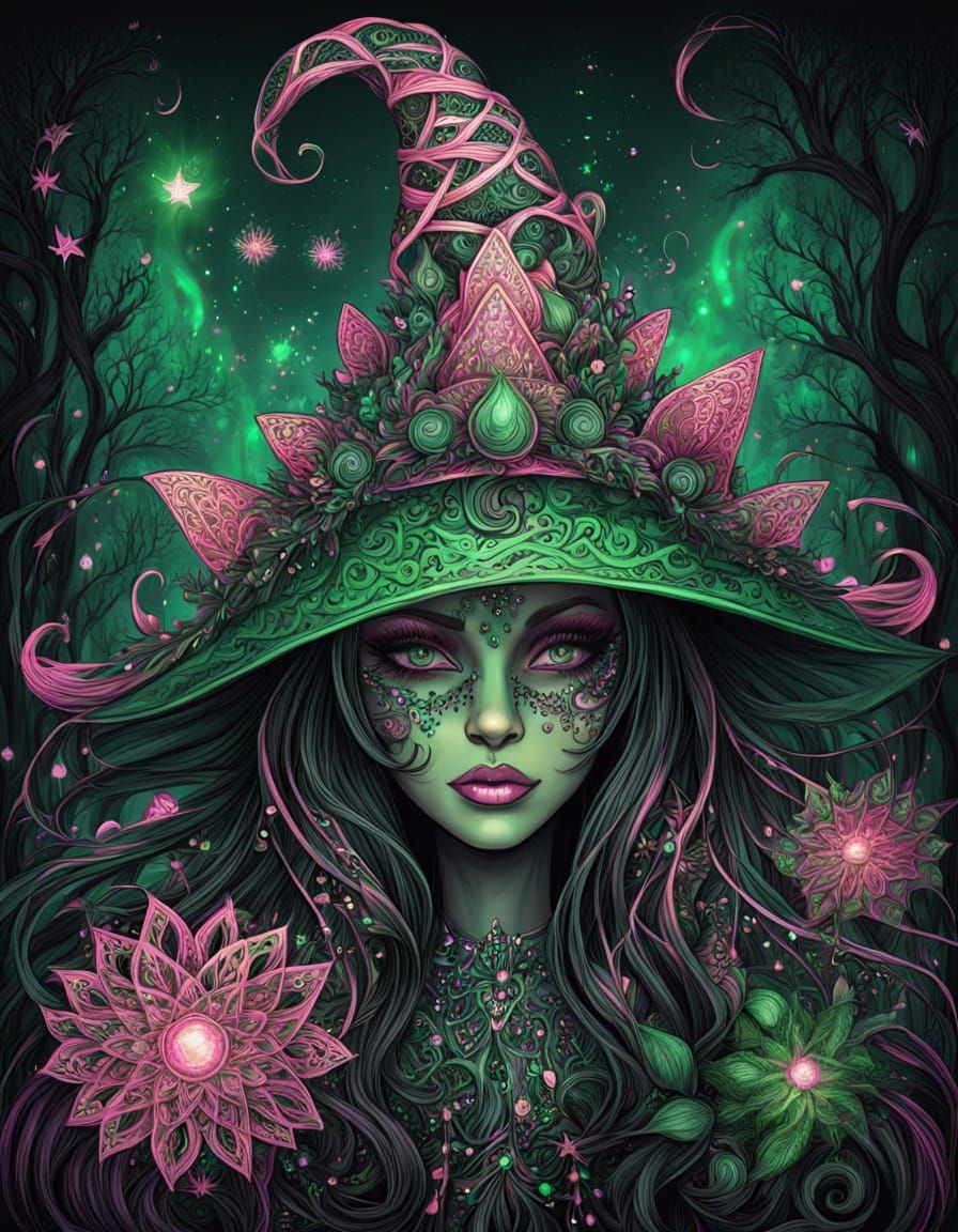 Evil Witch With Pink Crown and Broom in Dark Forest
