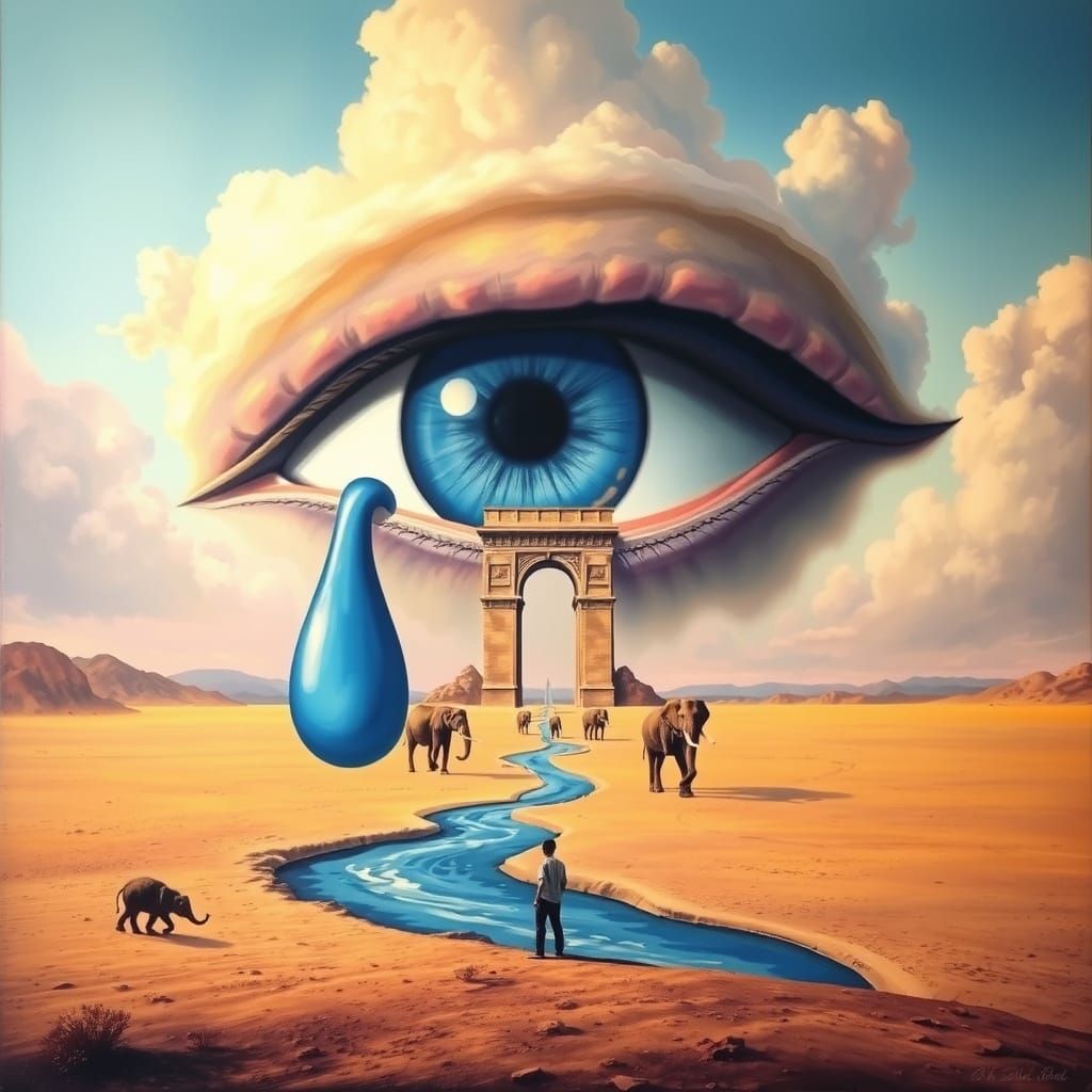 Surreal Desert Landscape with Giant Eye and Melting Clouds