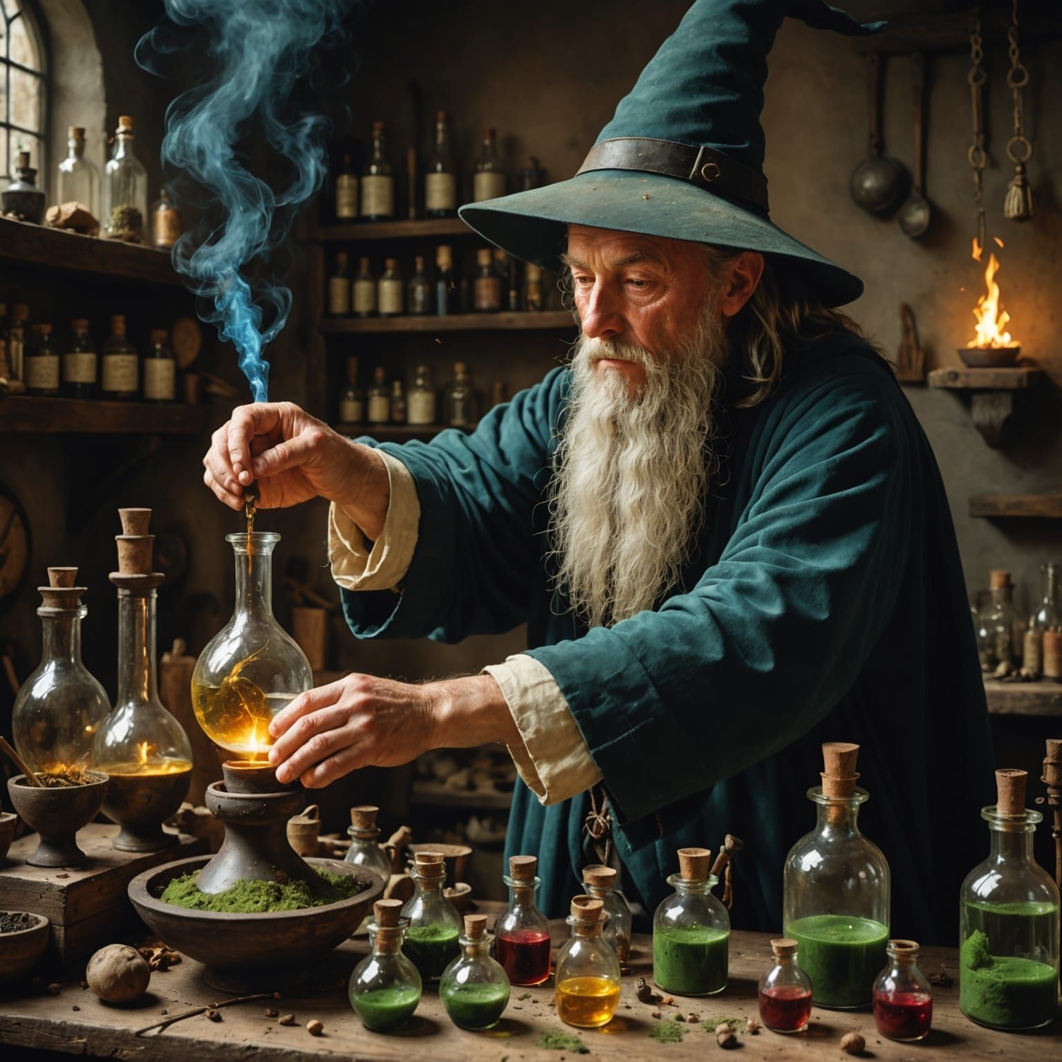 Wizard Creates Magic Potions with Intricate Detail