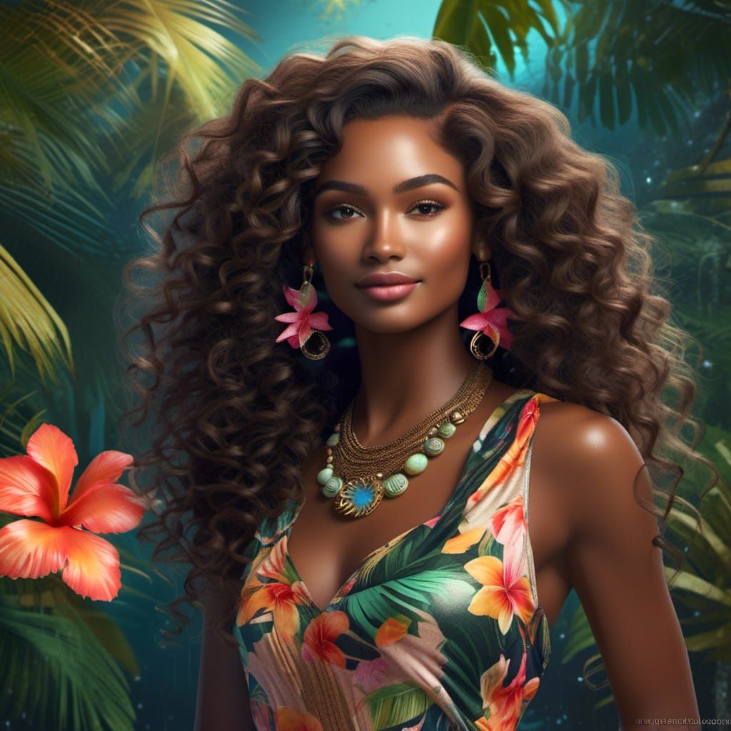 Tropical Beauty Portrait with Sparkles and Flowers