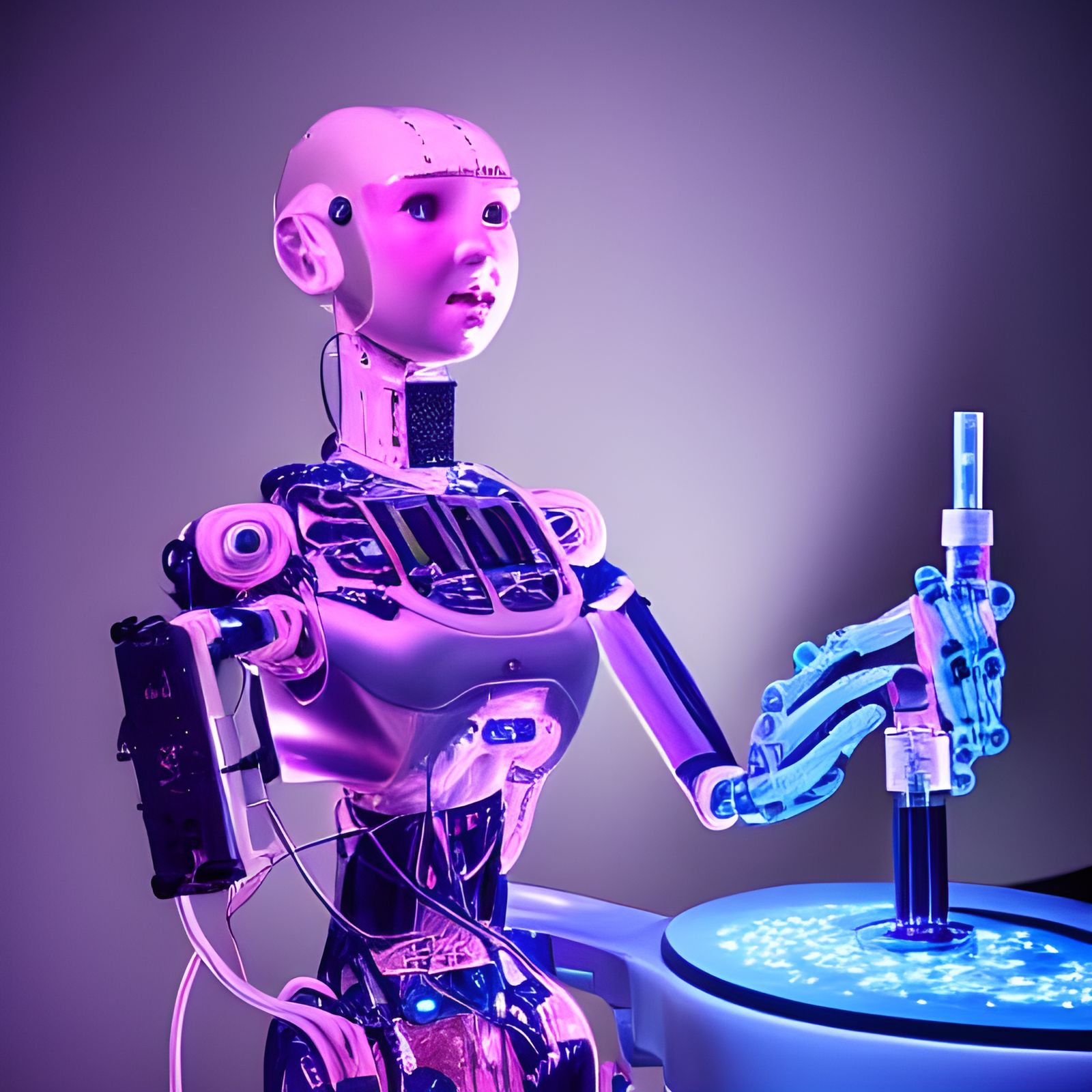 Technician Repairs Glowing Humanoid Robot in Laboratory