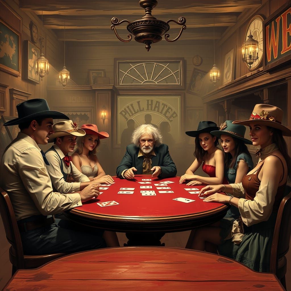 Poker players in an old west saloon surrounded by dance hall...