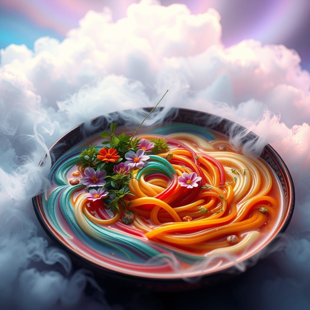 Surreal Rainbow Ramen in Vibrant Fantasy Landscape