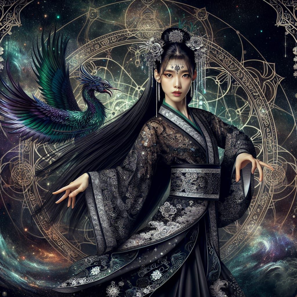 Kimono Dancer with Dragon in Cosmic Astral Ambiance