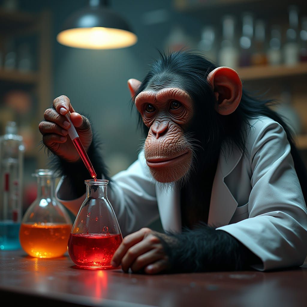 Monkey Chemist in a Cinematic Lab Setting