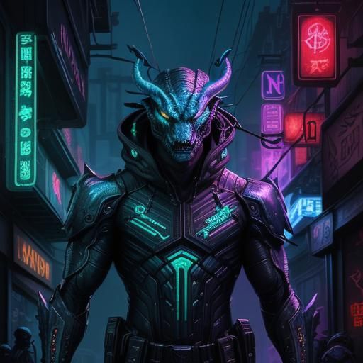 Cyberpunk Dragon in Neon-Lit Alleyway