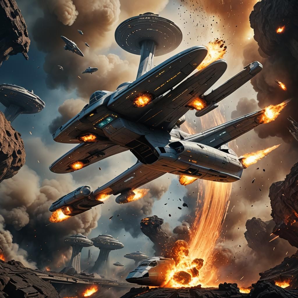 Starship Enterprise on Fire: Detailed Matte Painting