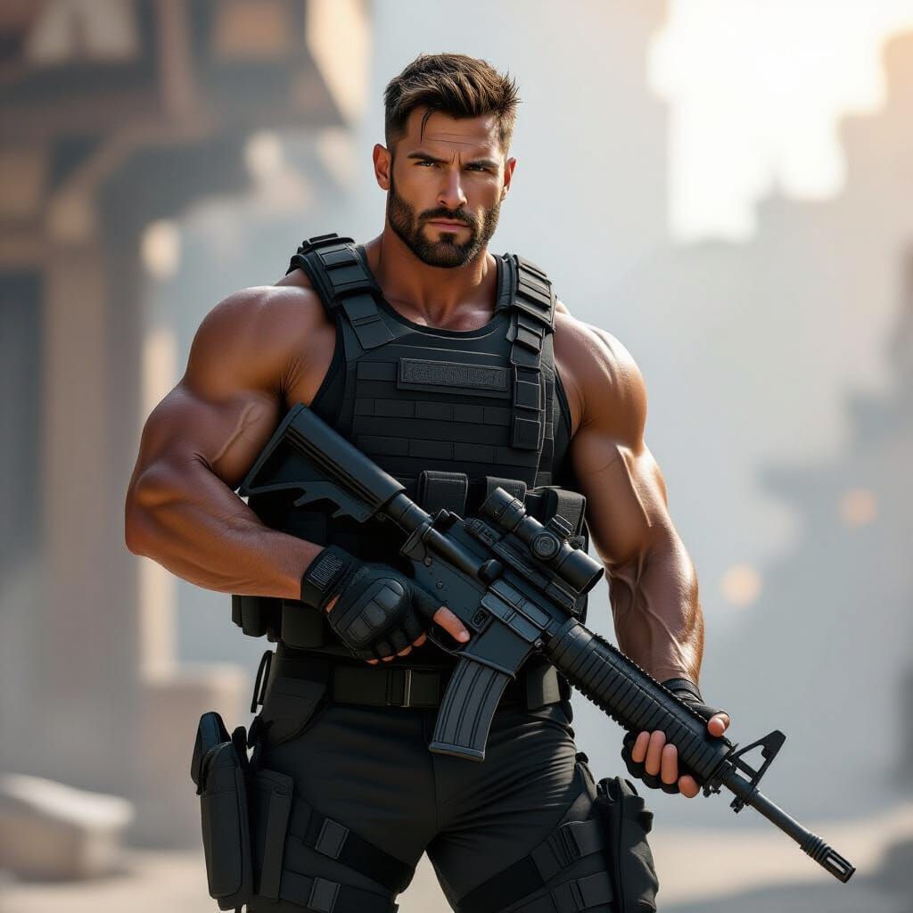 Muscular Man in Ballistic Vest with Rifle