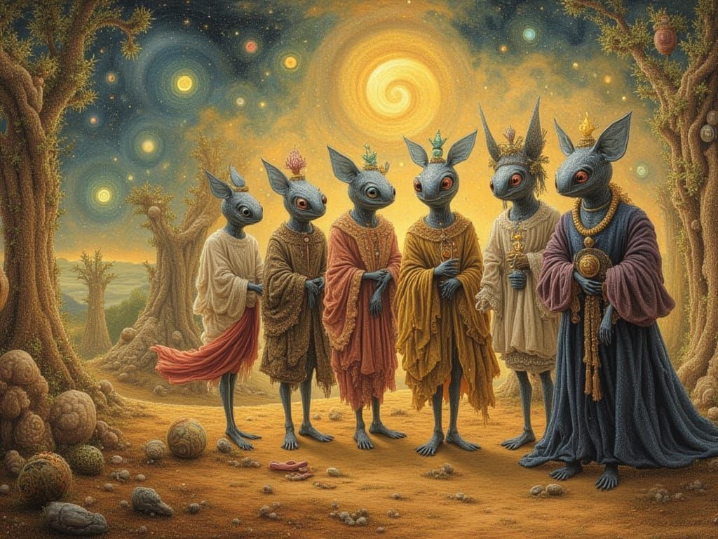 Aliens in Renaissance Style Celestial Landscape