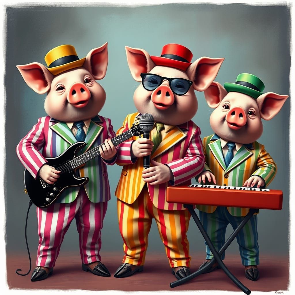 Three Pigs Rock Out With Guitars And Microphones