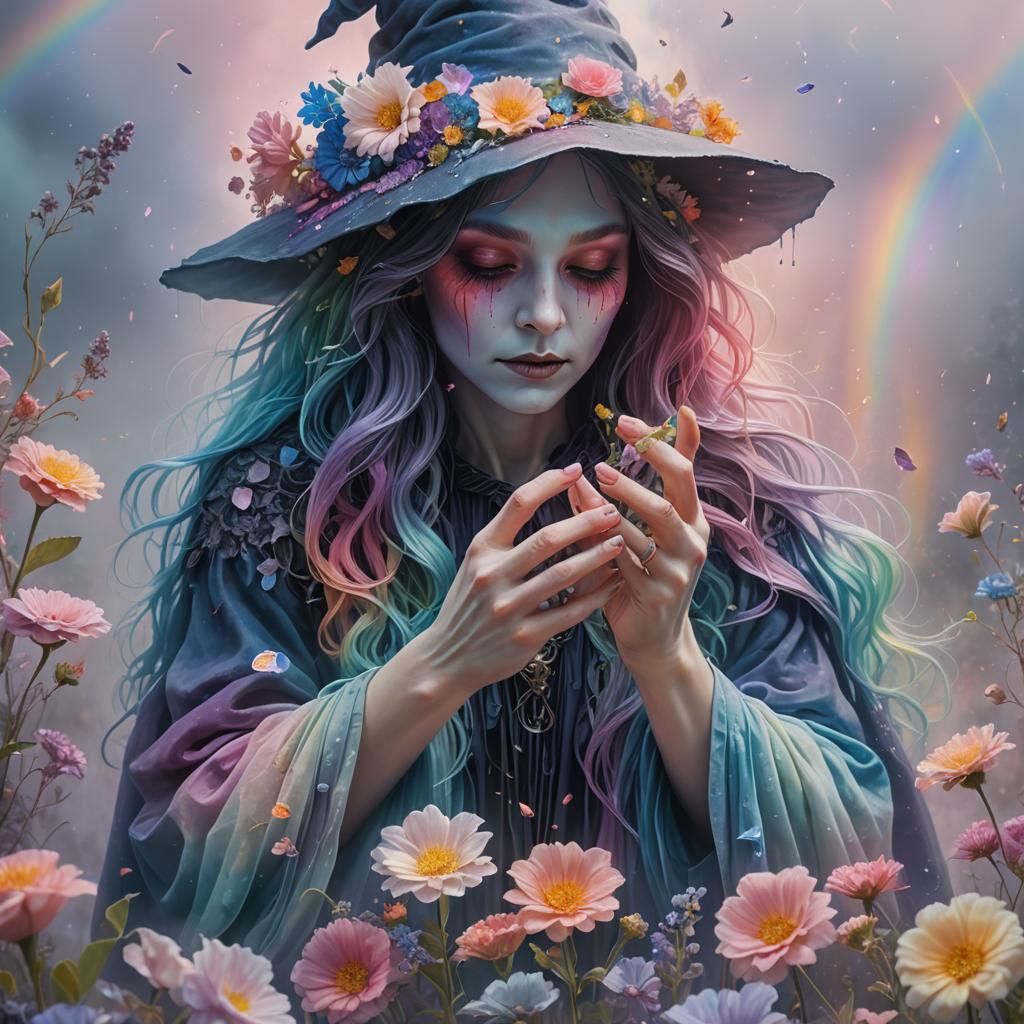 Ethereal Witch Creates Rainbow Flowers: Surreal Dreamscape