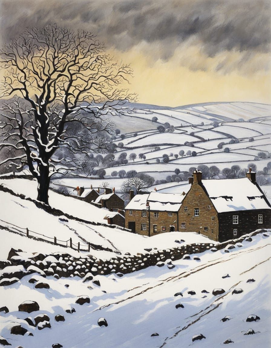 Snowy Yorkshire Dales Landscape in Watercolor Style