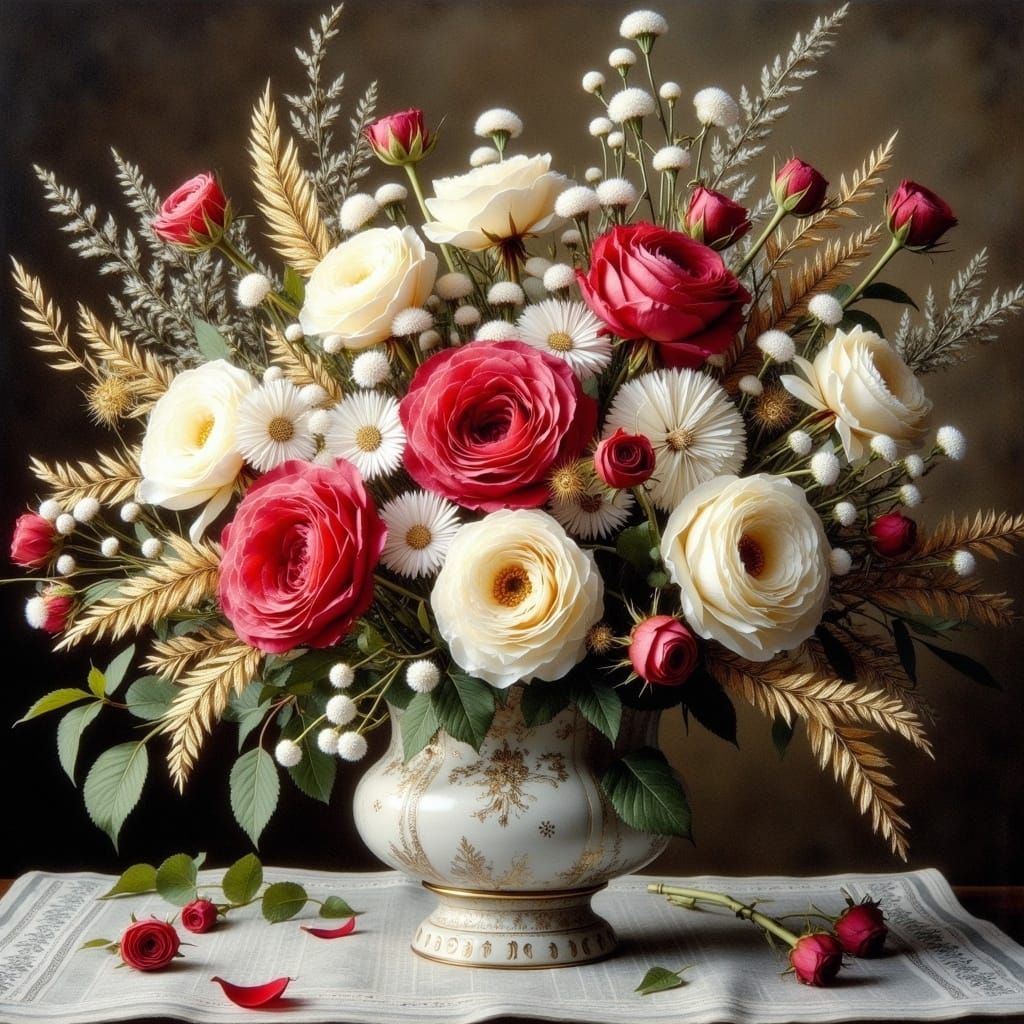 Baroque-Inspired Floral Still Life in Hyperrealistic Style