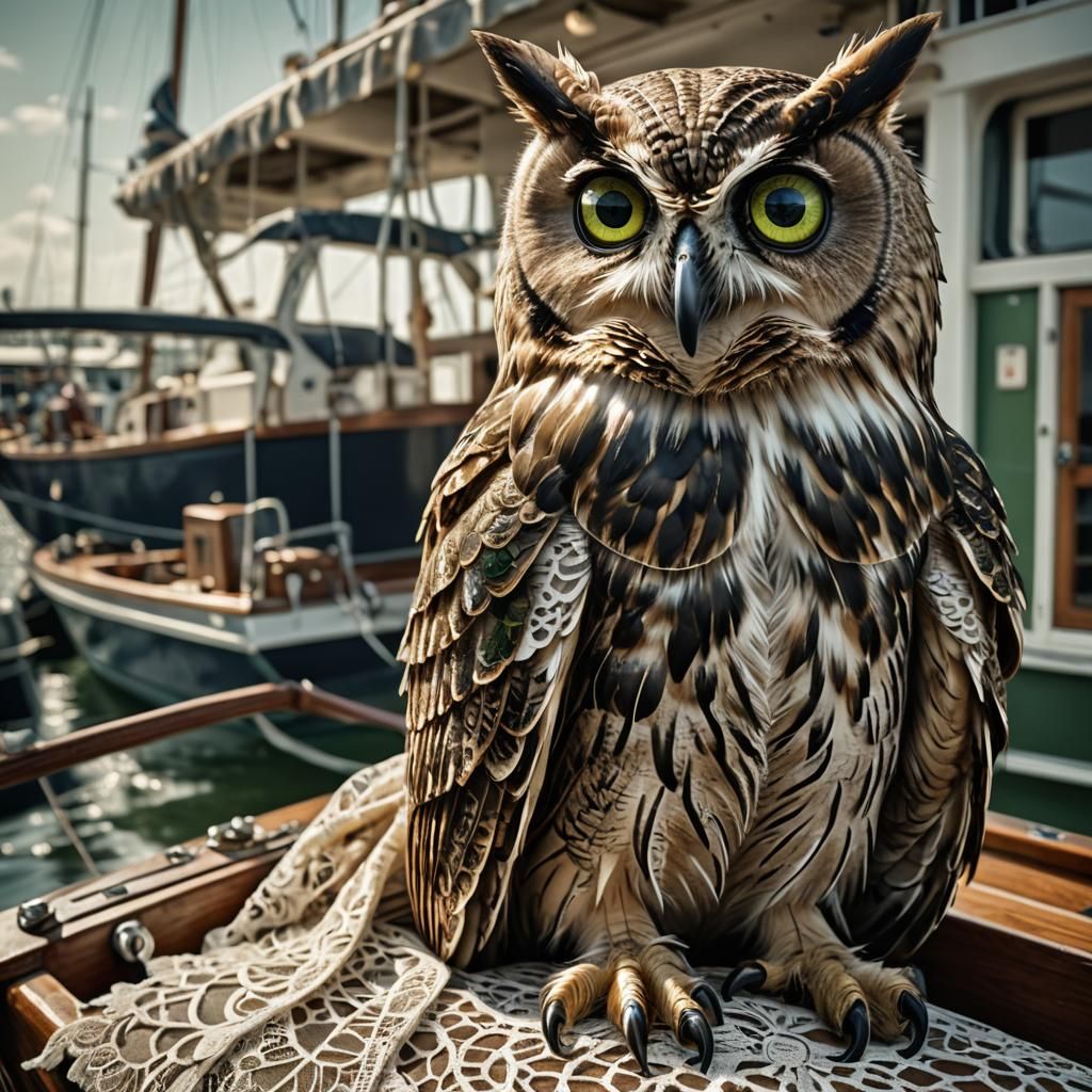 Owl in Lace Dress on Boat, Hyperrealistic Detail