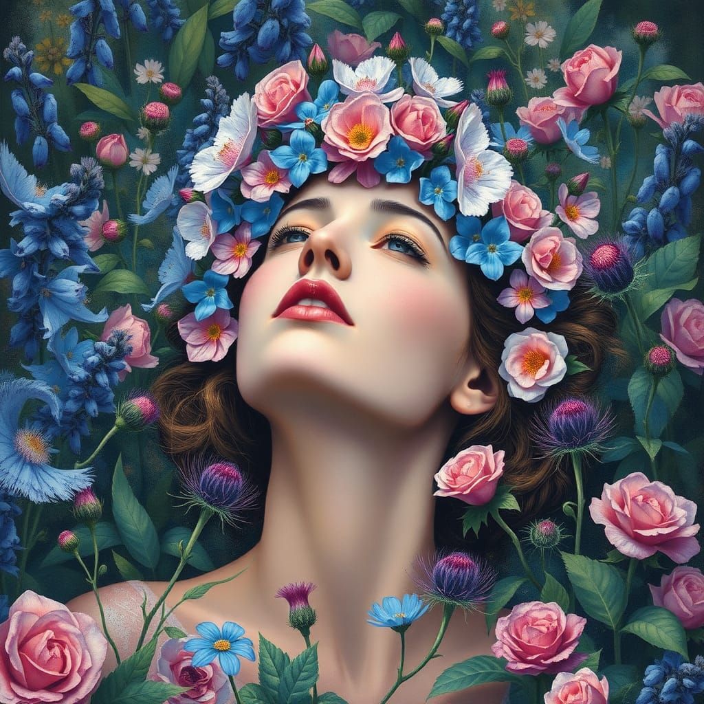 Whimsical Woman in Garden of Blooming Thoughts
