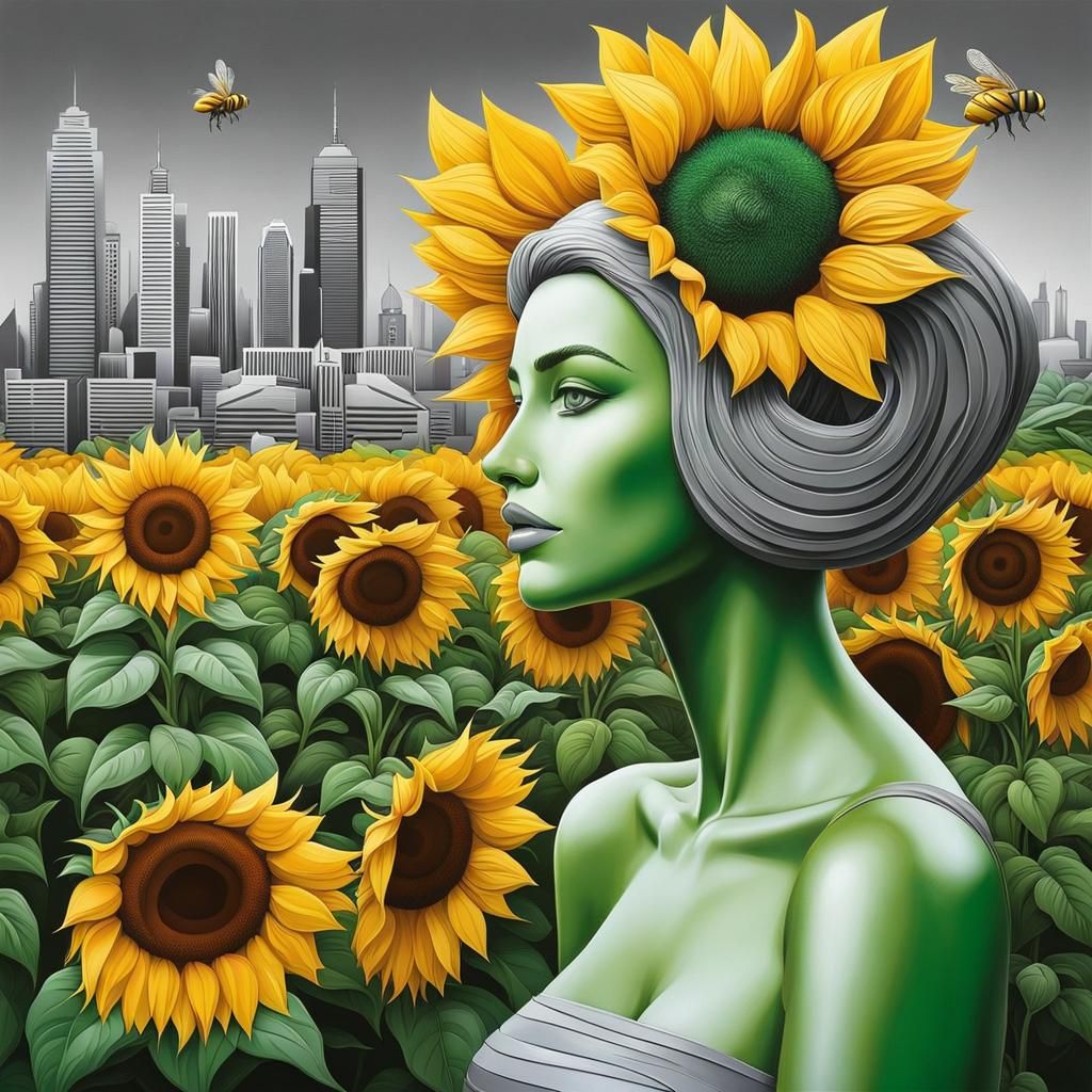 Futuristic Cityscape with Sunflowers in Cubist Graffiti Styl...