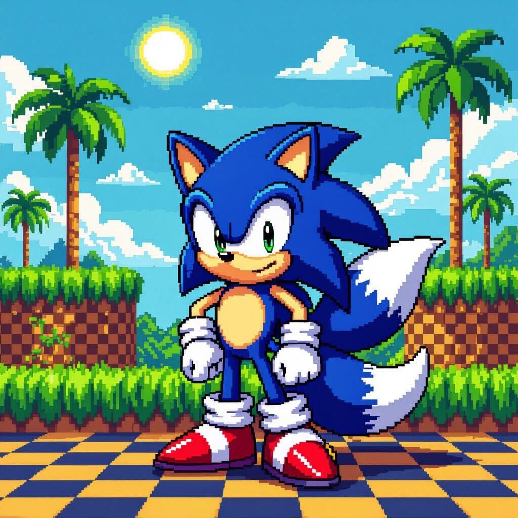 Tails the Fox in 16-Bit Pixel Art Green Hill Zone
