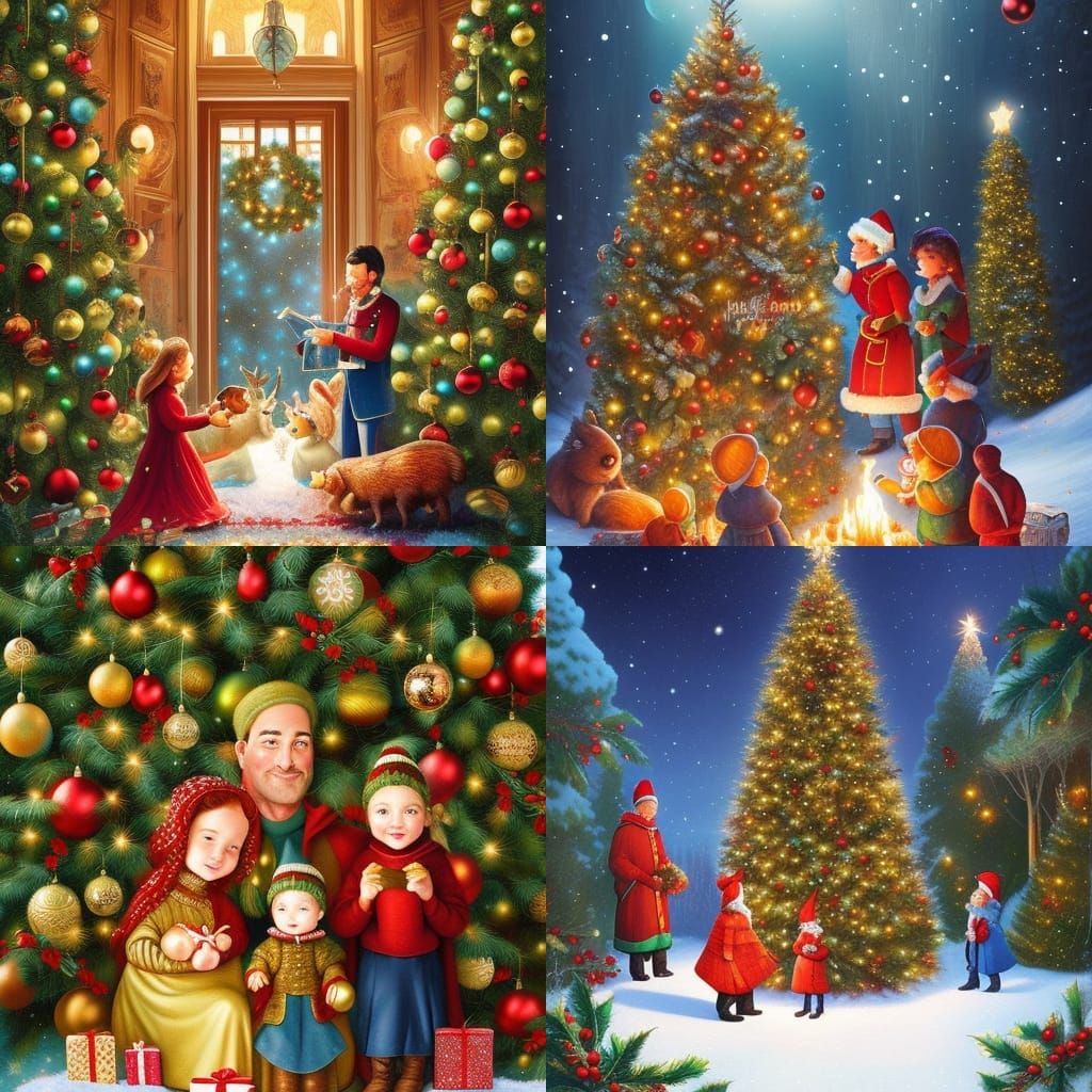 Christmas Family Storybook Illustration with Log Fire