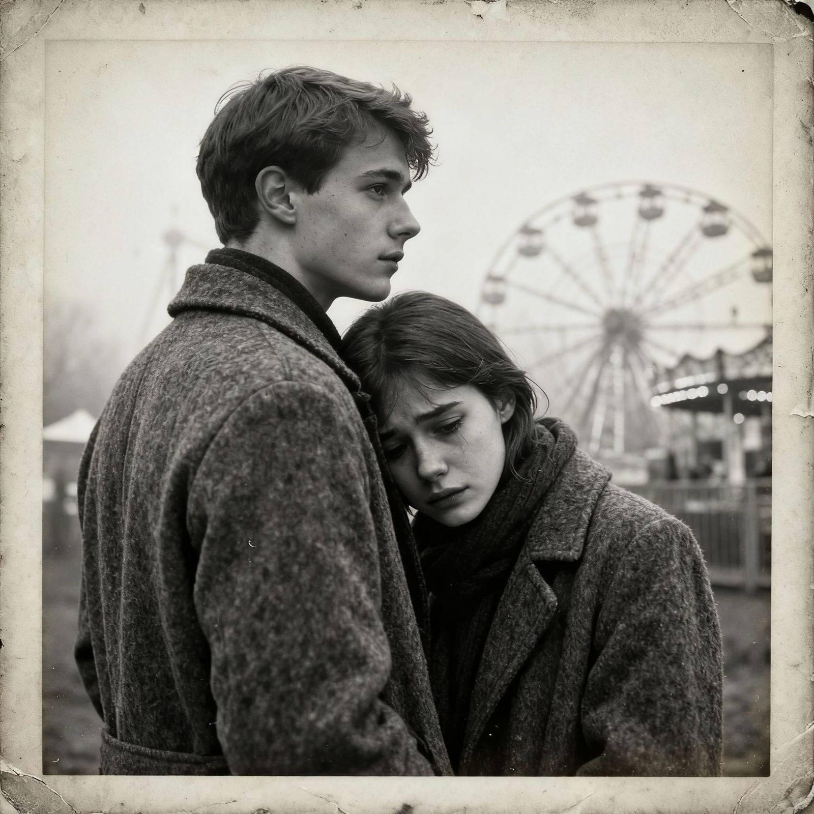 Sad Couple in Winter Tweed, Vintage Polaroid Style