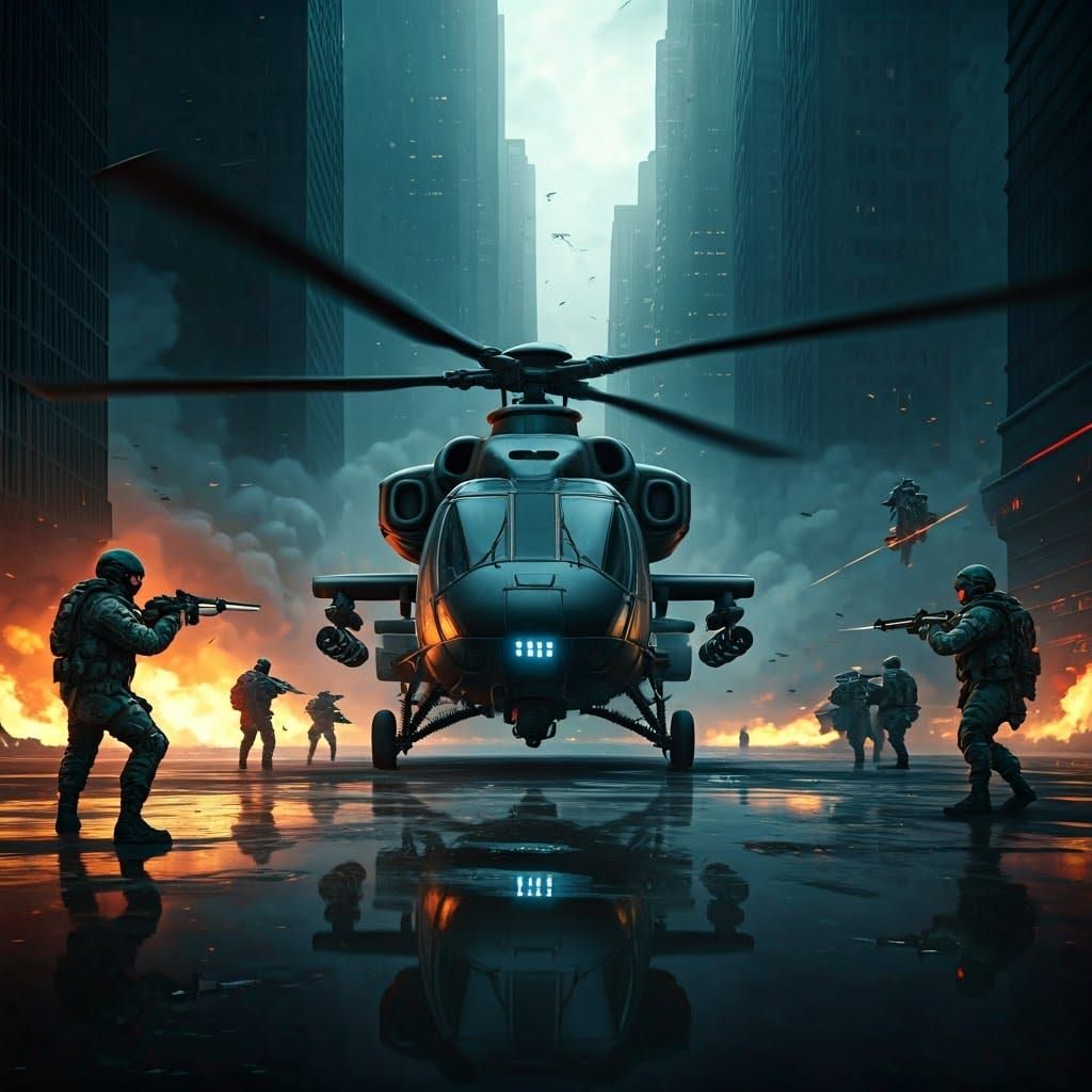Futuristic Urban Warfare with Cyborg and Helicopter