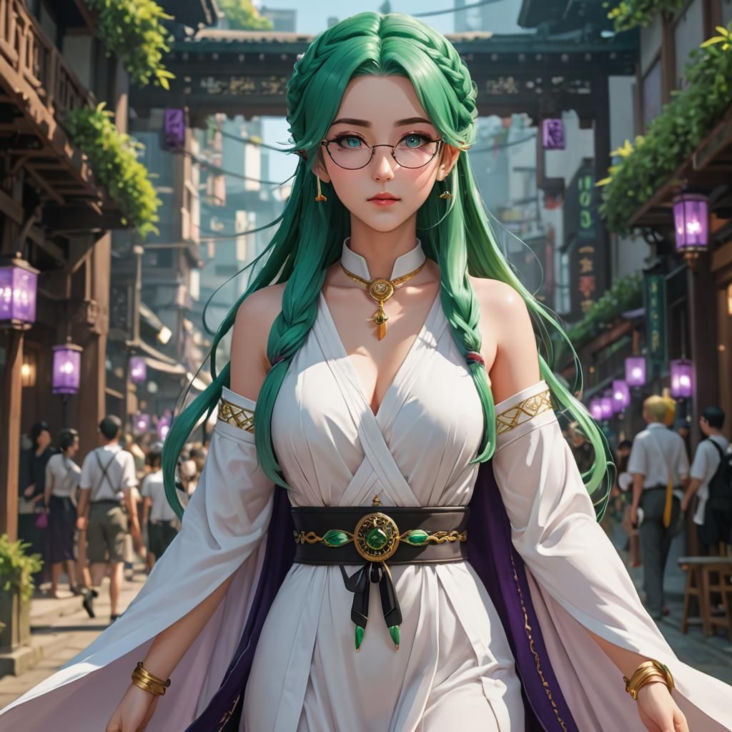 Anime Priestess with Green Hair in 3D Art Style