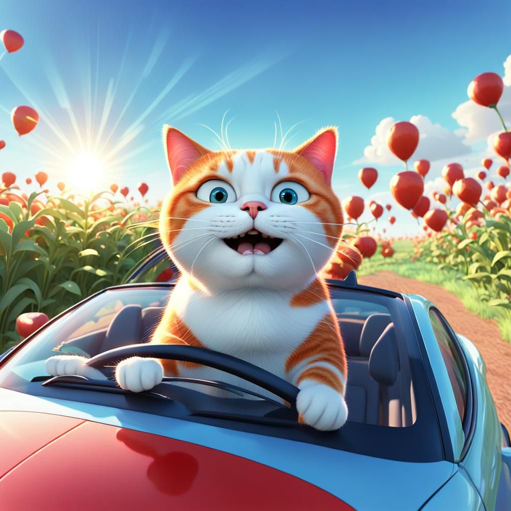 Happy Cat Cruises Past Fields in a Bright Blue Car