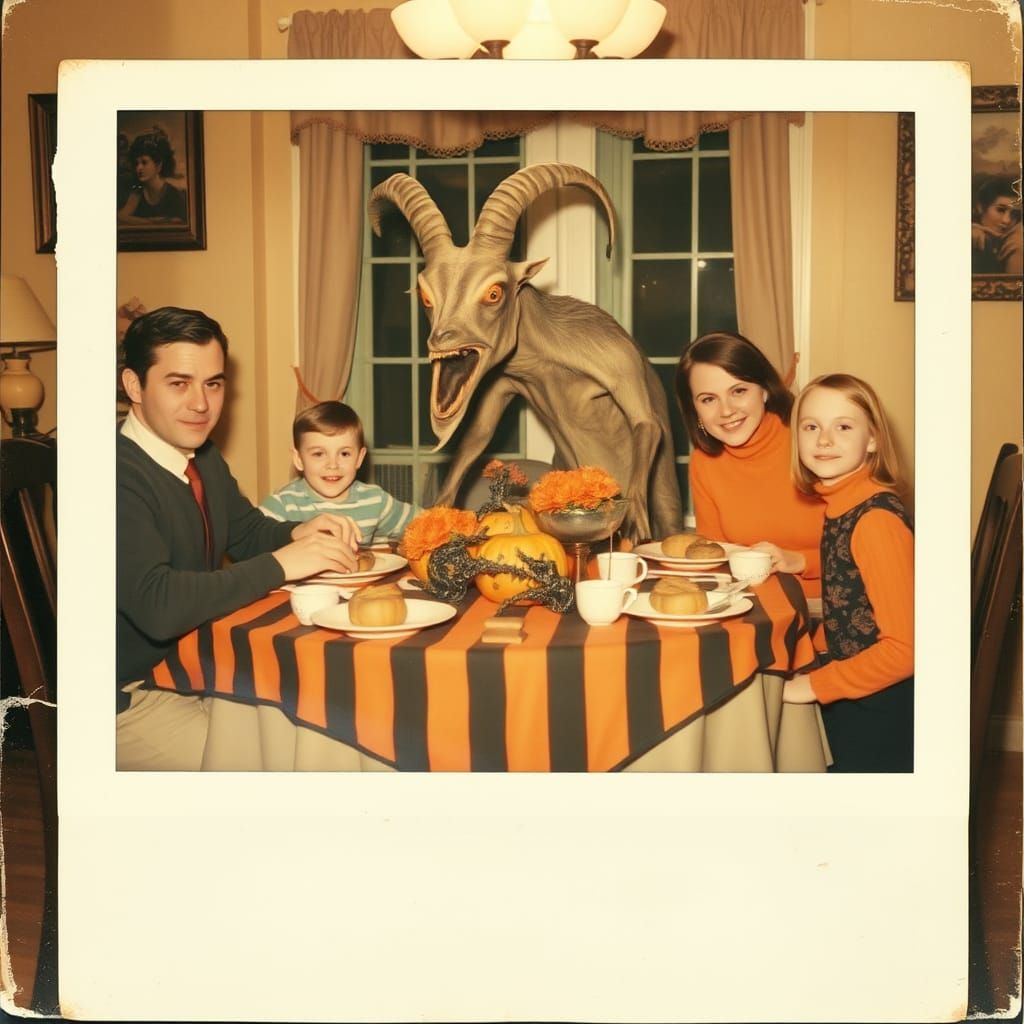 Vintage Polaroid: Halloween Dinner with Goat Creature
