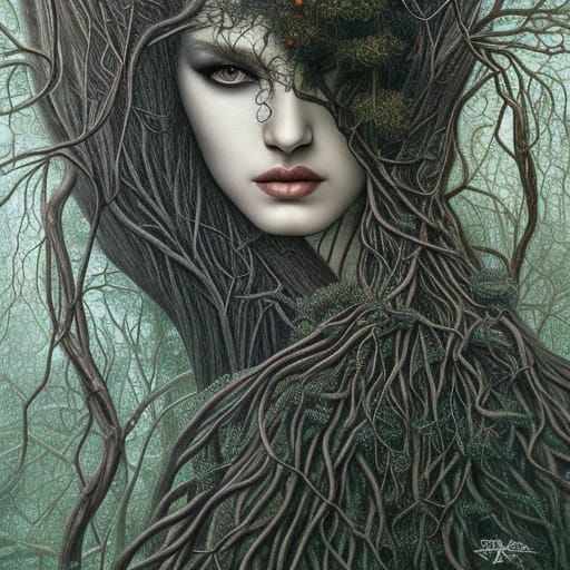 Woman with Tree Leaves Hair: Brutalist Photorealistic Art