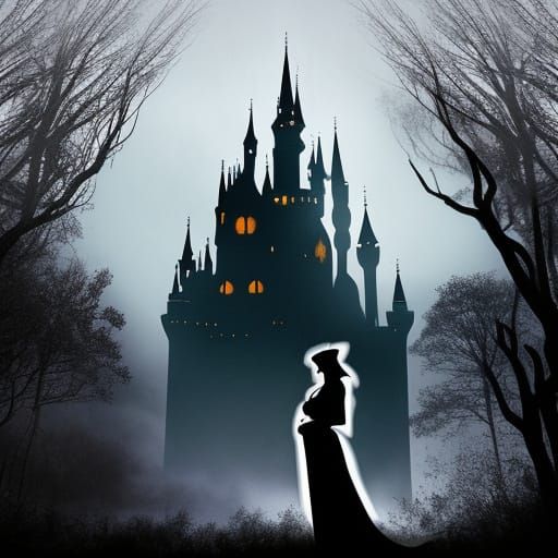 Double exposure silhouette, wistful pregnant witch overlaying enchanted fairy castle.