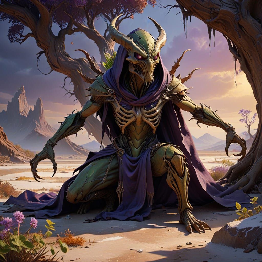 Mantis Hominid in Ancient Hollow Tree, Dark Fantasy Art