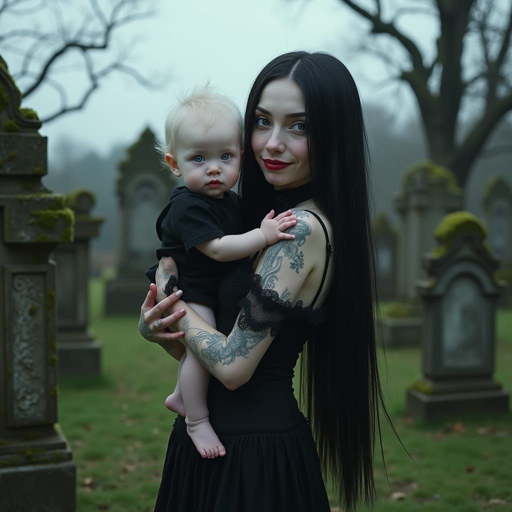Gothic Mother and Child in Haunting Cemetery Scene