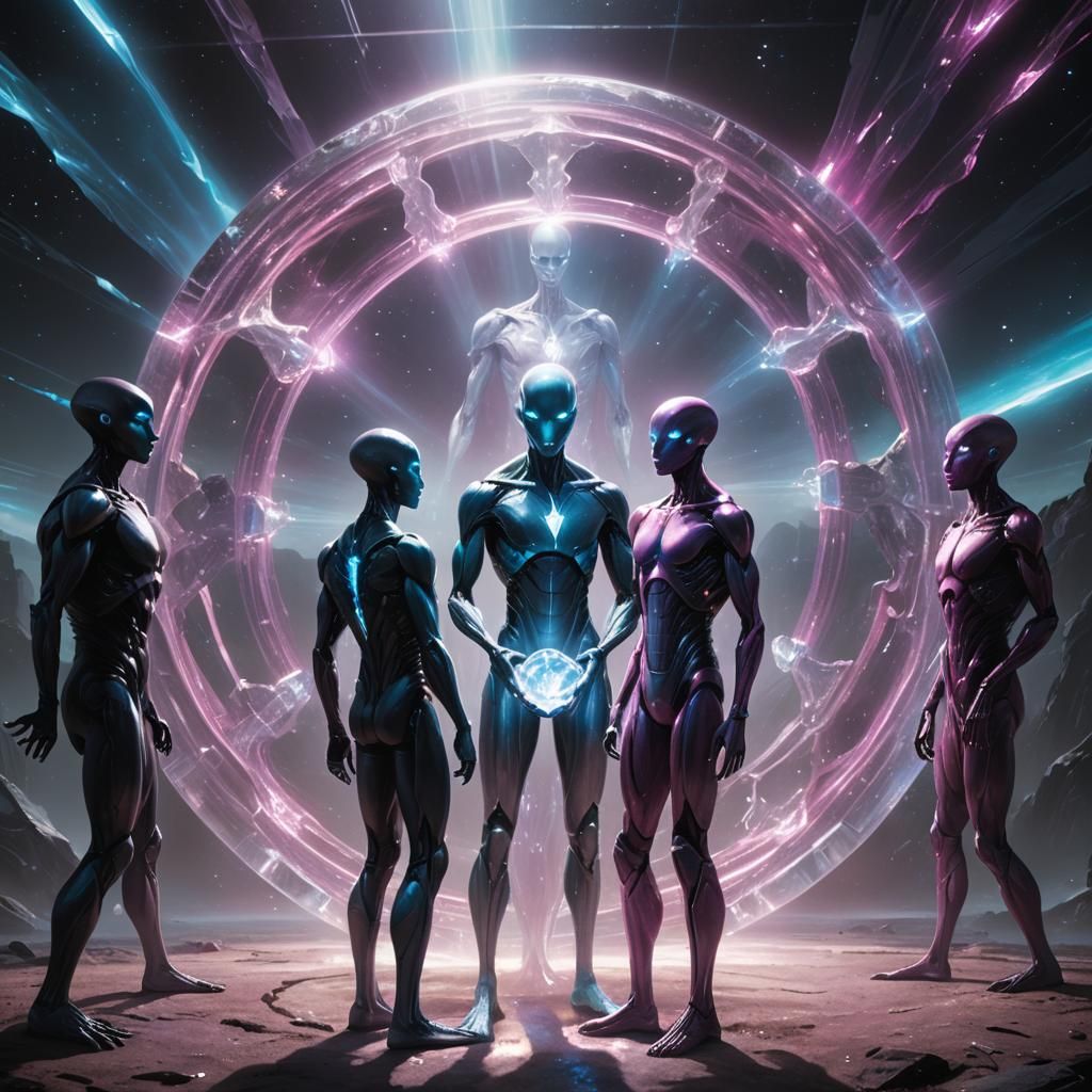 Hyperrealistic Concept Art: Humans and Aliens Gazing at Crys...