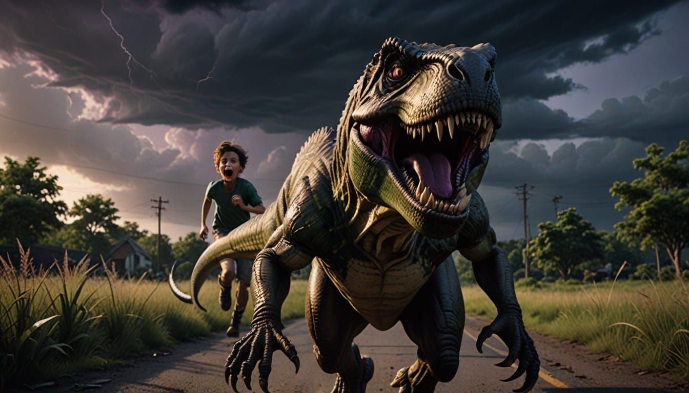 Boy Runs From T-Rex in Cinematic Photograph
