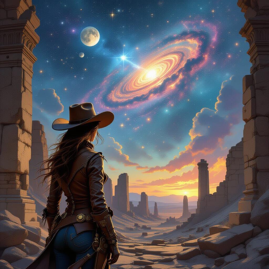 Cowgirl in Ancient Ruins Under Cosmic Sky