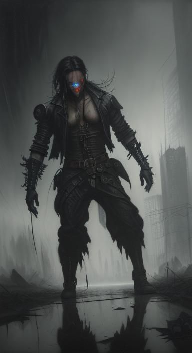 Man Battles Reflection: Cyberpunk Steampunk Horror Art