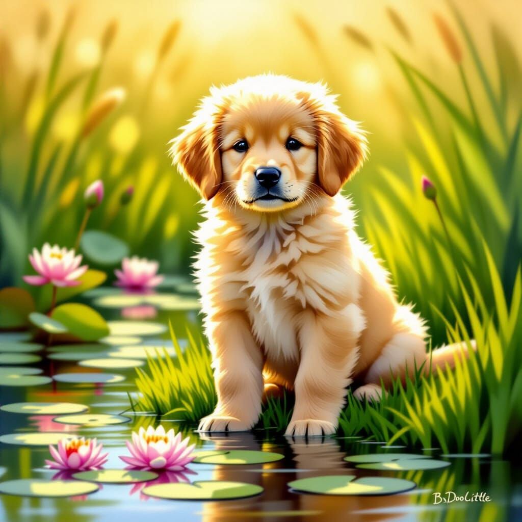 Golden Retriever Puppy in Meadow, Wildlife Art Style