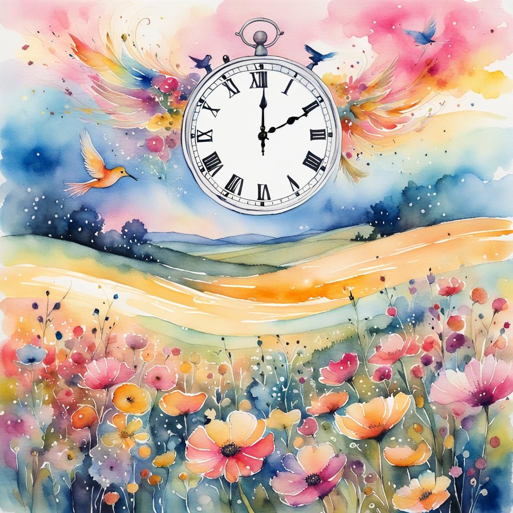 Whimsical Flying Clock in Watercolor Flower Field
