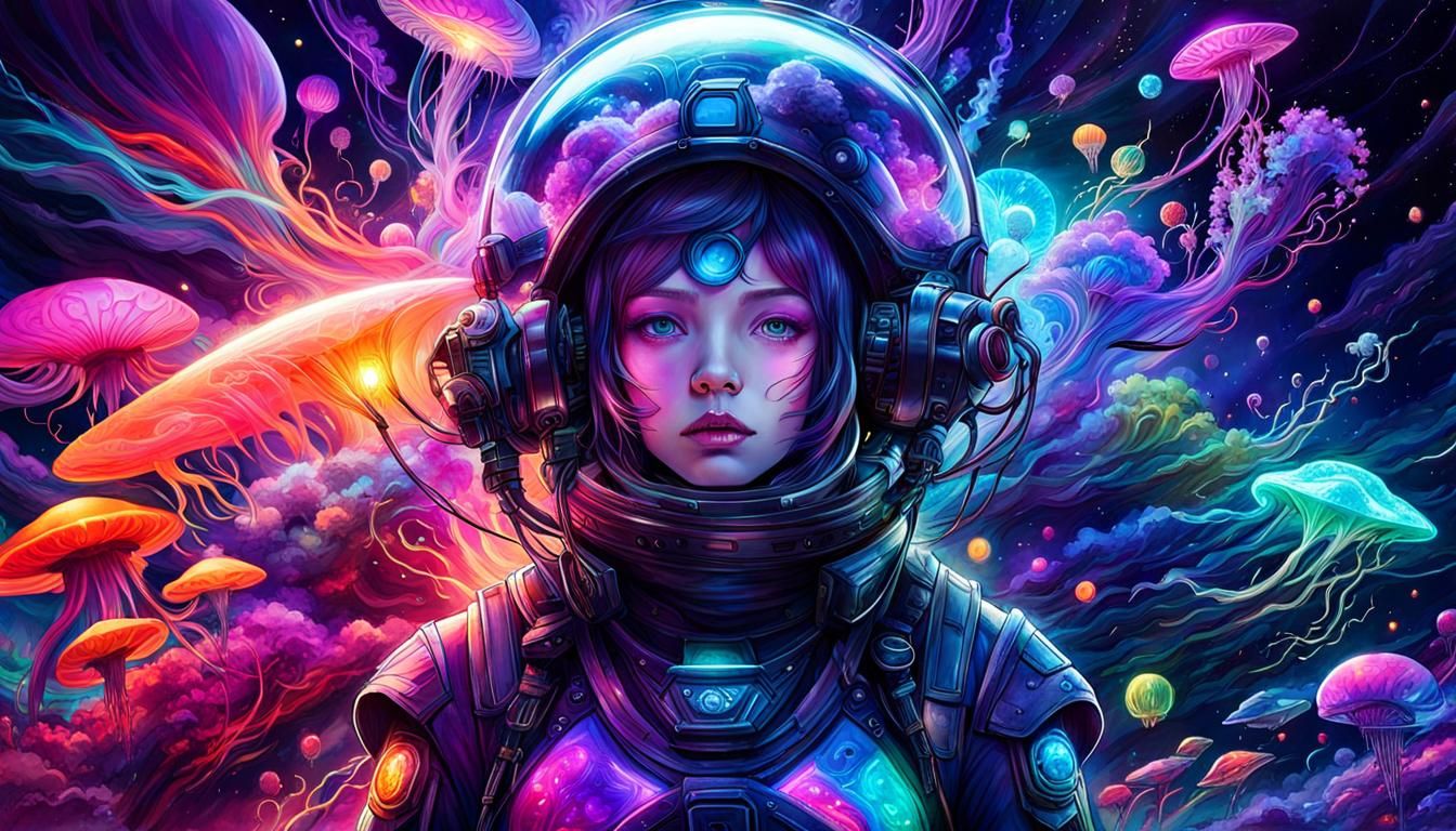 Neon Spaceship Over Alien Planet: Bioluminescent Black Light...