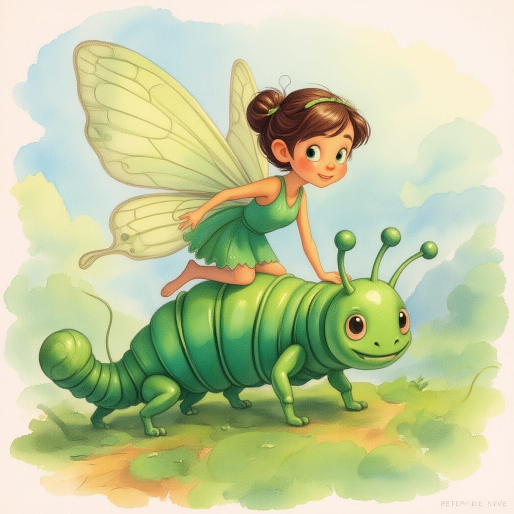 Whimsical Fairy Follows Caterpillar in Watercolor
