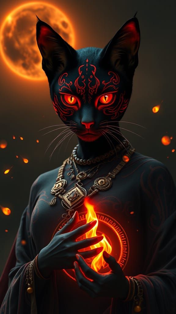 Feline Priestess With Fiery Tattoos Under Eclipse Sky