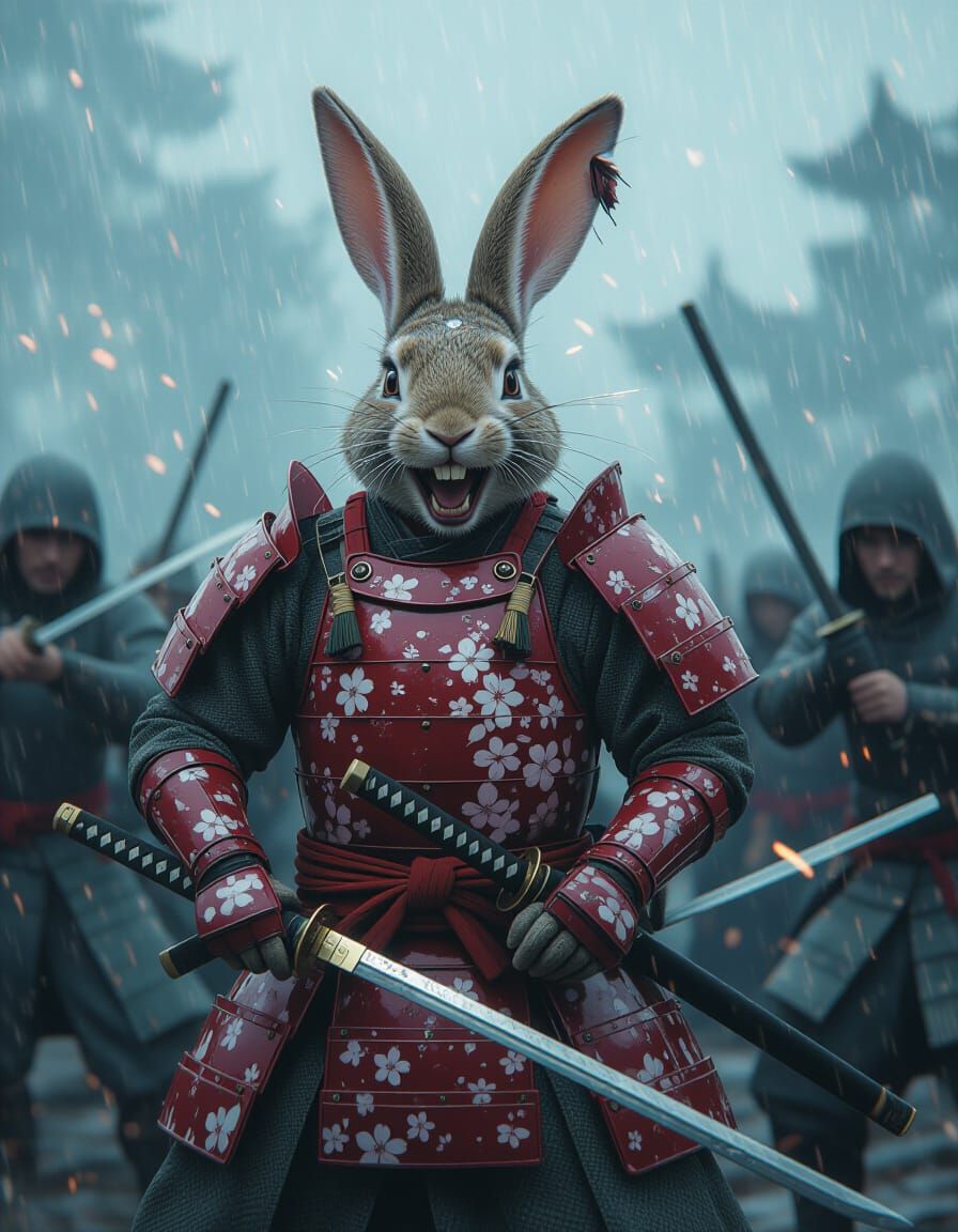 Futuristic Rabbit Samurai Laughing on Battlefield