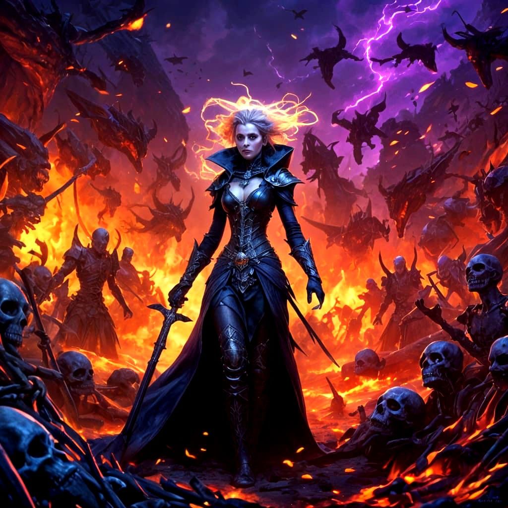 Witch Queen Amidst Bones and Fire in Digital Art