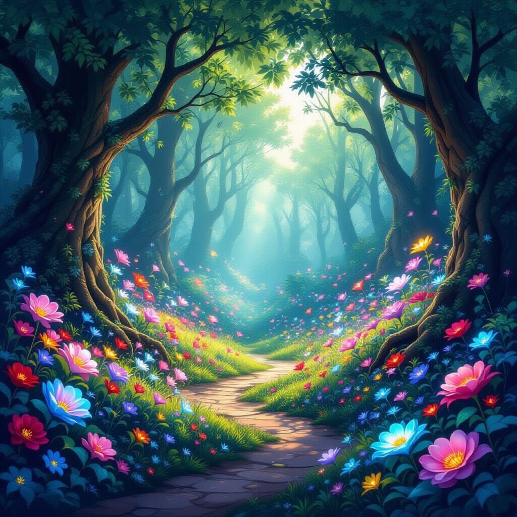 Enchanted Forest Clearing With Bioluminescent Flowers
