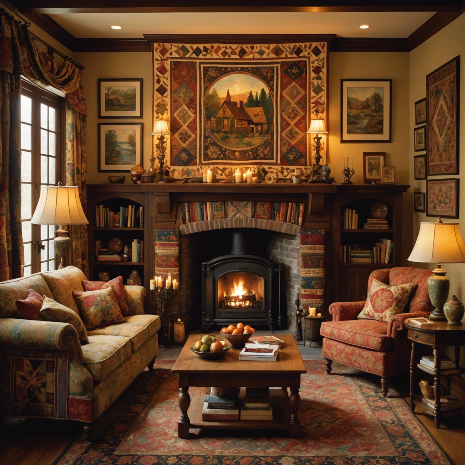 Cozy Quilted Living Room with Fireplace