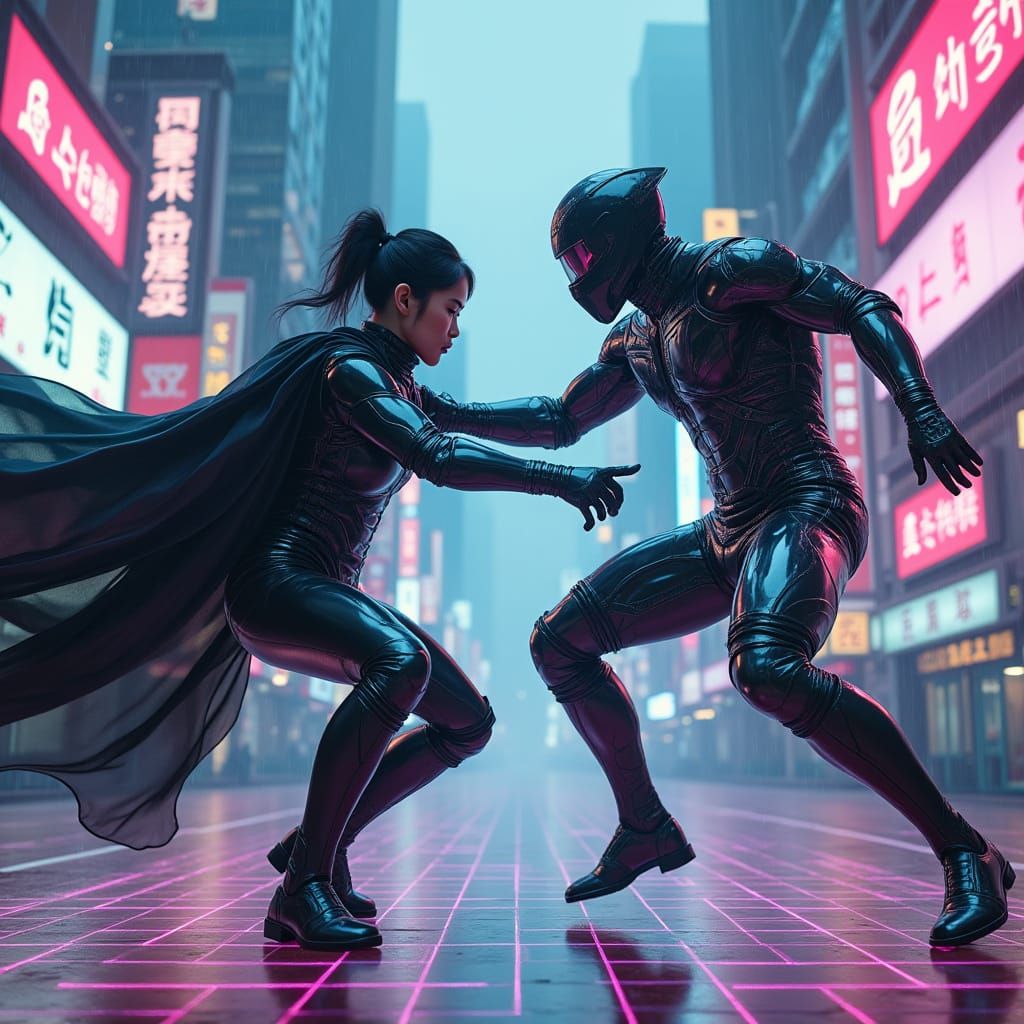 Cyberpunk Ninja Duel in Neon City Arena
