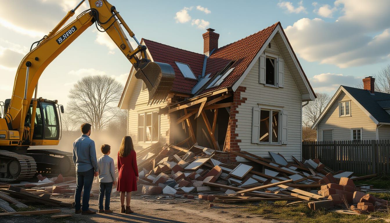 Demolished Home with Crying Family, Photorealistic Style
