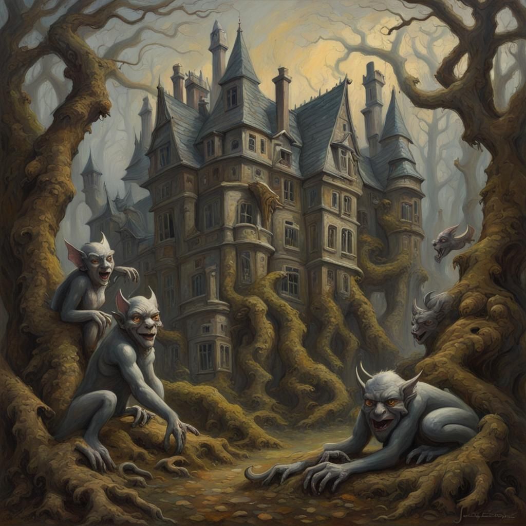 Gargoyles and Fantastical Creatures in Dark Forest