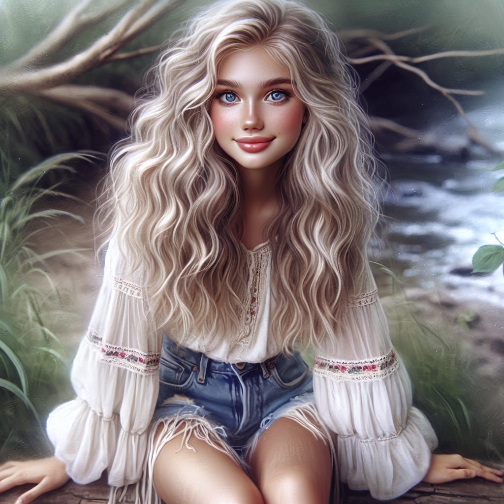 Whimsical Portrait of a Blonde Girl by a Stream